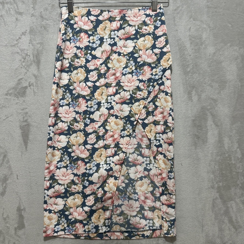 Abercombie‎ & Fitch Floral Midi Skirt Front Slit Women's Petite XS Blue Pink
